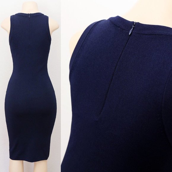 Michael Kors Navy Blue White Sequins Floral Rosette Embellished Knit Midi Dress - Picture 9 of 16